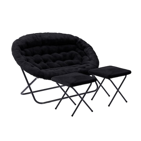 Flash Furniture Eleanor 56-in Folding Double Saucer Chair w/2 Folding Ottomans Black Faux Fur w/a Black Steel Frame FV-FDS-001-2FR-BK-BK-GG